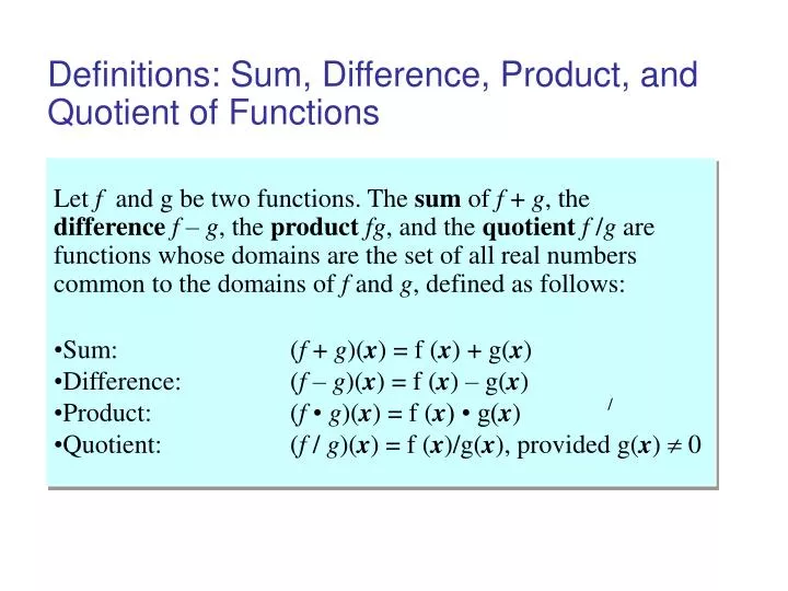 definitions sum difference product and quotient of functions
