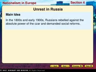 Main Idea In the 1800s and early 1900s, Russians rebelled against the absolute power of the czar and demanded social ref