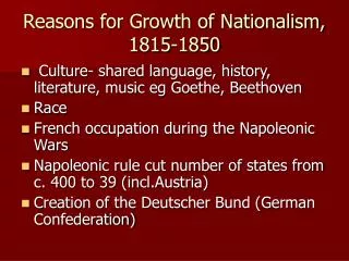 Reasons for Growth of Nationalism, 1815-1850