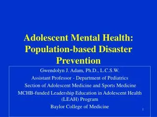 Adolescent Mental Health: Population-based Disaster Prevention