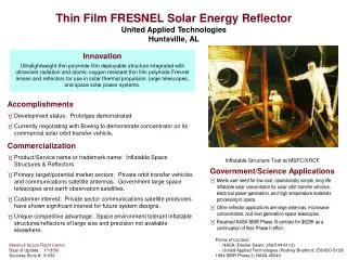 Thin Film FRESNEL Solar Energy Reflector United Applied Technologies Huntsville, AL