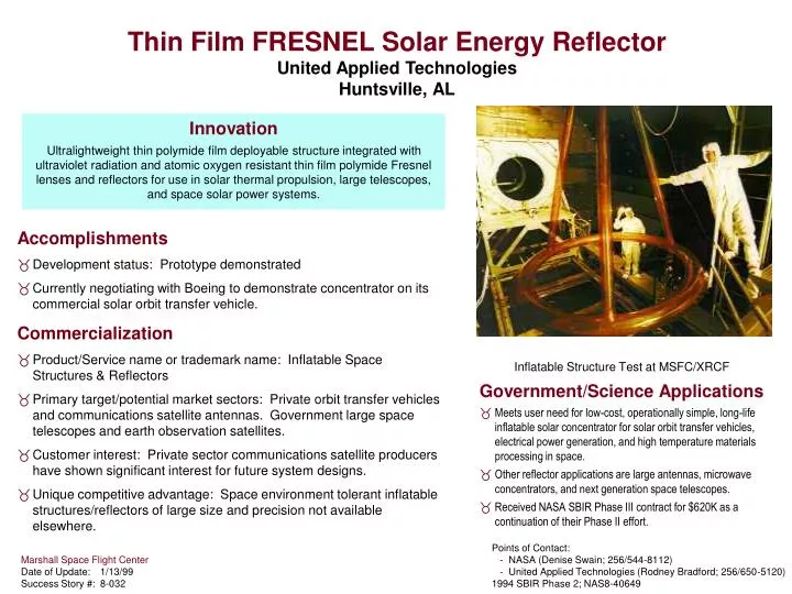 thin film fresnel solar energy reflector united applied technologies huntsville al