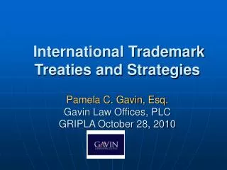 International Trademark Treaties and Strategies Pamela C. Gavin, Esq. Gavin Law Offices, PLC GRIPLA October 28, 2010