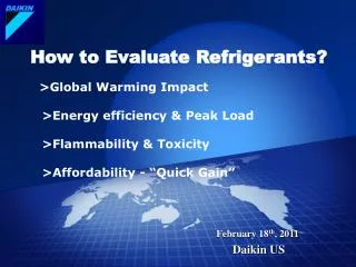 How to Evaluate Refrigerants? &gt;Global Warming Impact 　&gt; Energy efficiency &amp; Peak Load 　&gt;Flammability