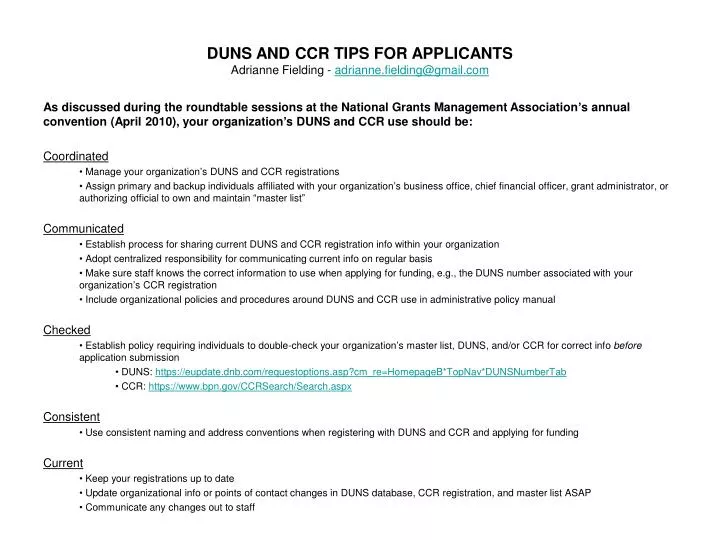 duns and ccr tips for applicants adrianne fielding adrianne fielding@gmail com