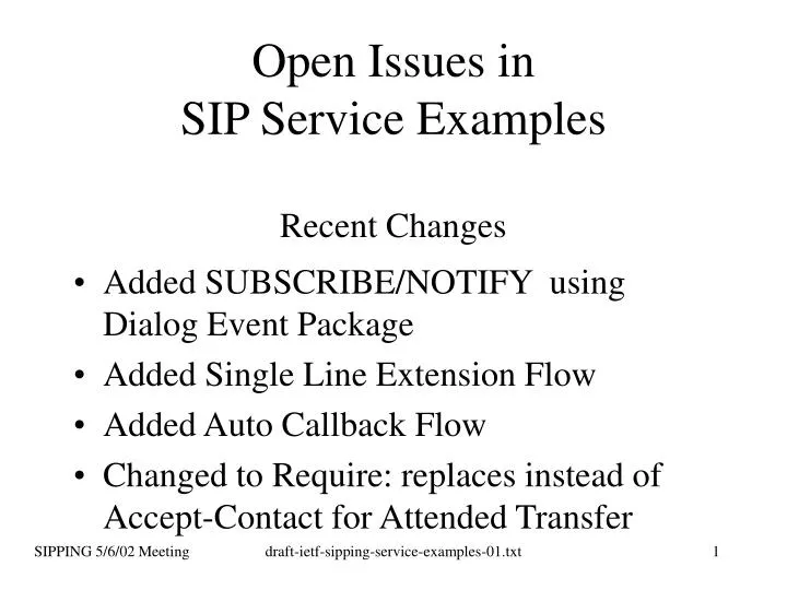 open issues in sip service examples recent changes