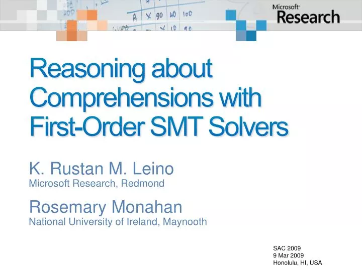 reasoning about comprehensions with first order smt solvers