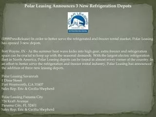 Polar Leasing Announces 3 New Refrigeration Depots