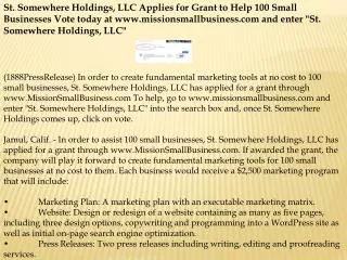 St. Somewhere Holdings, LLC Applies for Grant to Help 100 Sm
