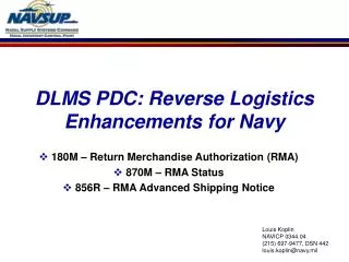 DLMS PDC: Reverse Logistics Enhancements for Navy