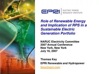Thomas Key EPRI Renewable and Hydropower tkey@epri.com