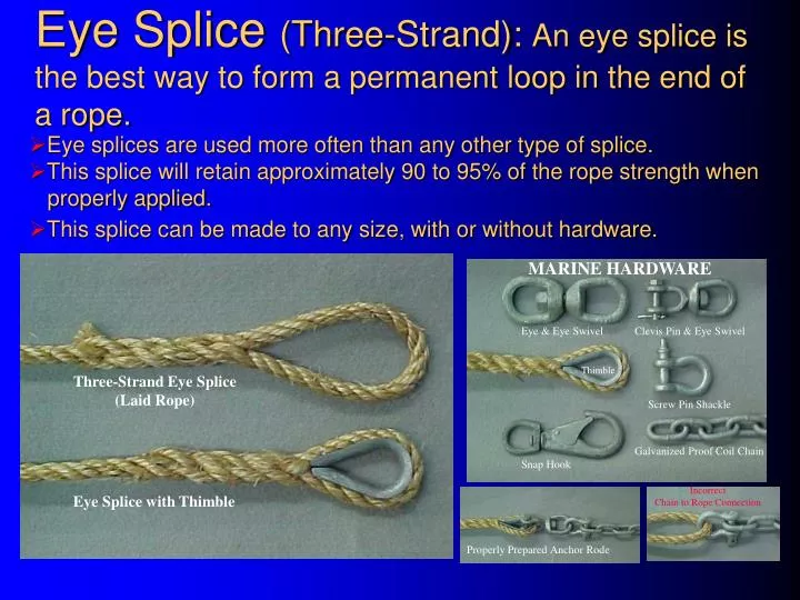 eye splice three strand an eye splice is the best way to form a permanent loop in the end of a rope