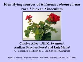Identifying sources of Ralstonia solanacearum race 3 biovar 2 inoculum Caitilyn Allen 1 , Jill K. Swanson 1 , Amilcar
