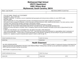 Blythewood High School JROTC Department 10901 Wilson Blvd. Blythewood, South Carolina, 29016