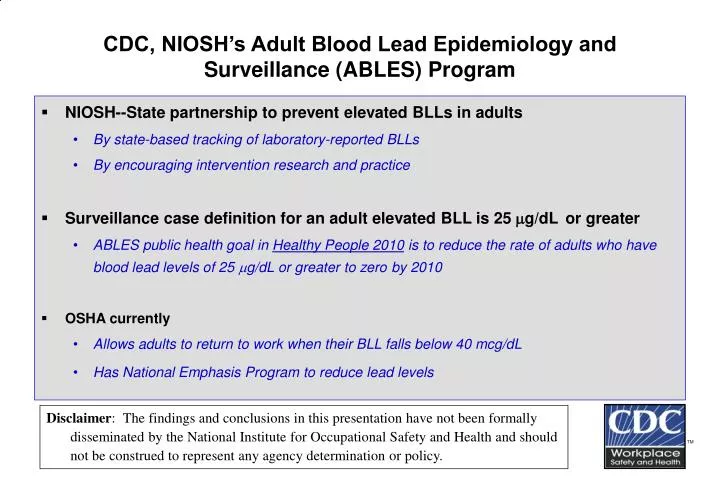 cdc niosh s adult blood lead epidemiology and surveillance ables program