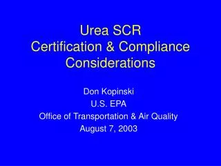 Urea SCR Certification &amp; Compliance Considerations