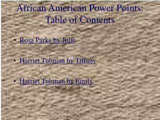 African American Power Points: Table of Contents