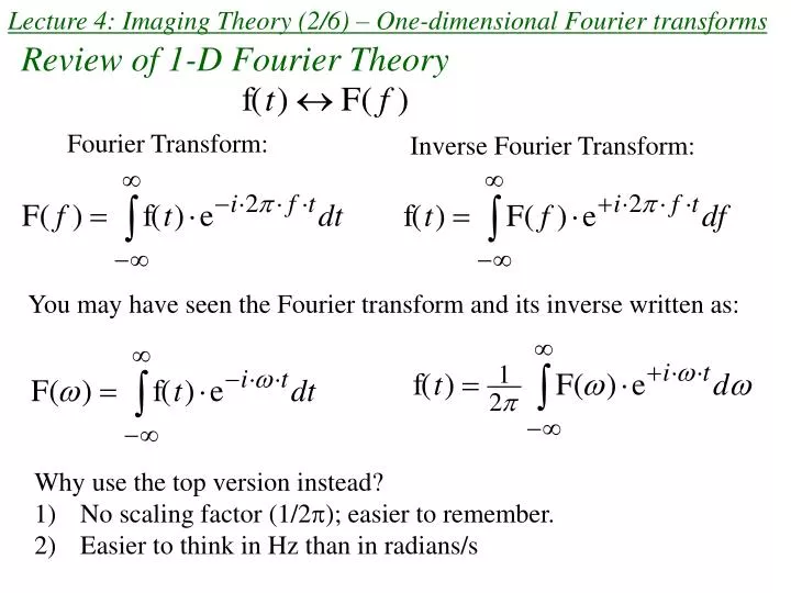 lecture 4 imaging theory 2 6 one dimensional fourier transforms