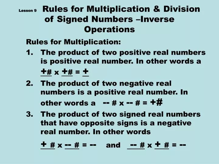 lesson 9 rules for multiplication division of signed numbers inverse operations