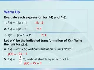 Warm Up Evaluate each expression for f (4) and f (-3).
