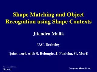 Shape Matching and Object Recognition using Shape Contexts Jitendra Malik U.C. Berkeley (joint work with S. Belongie, J.