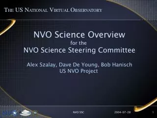 NVO Science Overview for the NVO Science Steering Committee