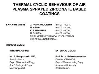 THERMAL CYCLIC BEHAVIOUR OF AIR PLASMA SPRAYED ZIRCONATE BASED COATINGS