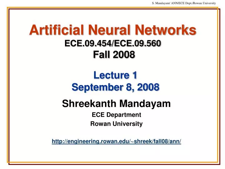 artificial neural networks ece 09 454 ece 09 560 fall 2008