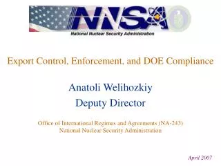 Export Control, Enforcement, and DOE Compliance