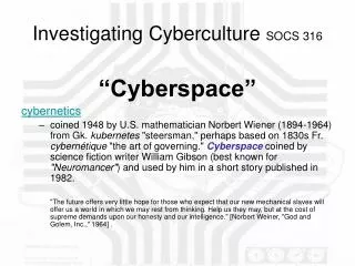 Investigating Cyberculture SOCS 316