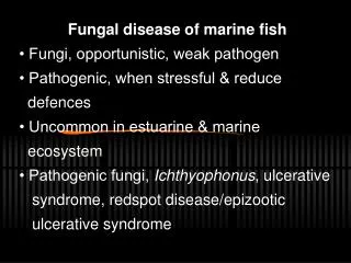 Fungal disease of marine fish • Fungi, opportunistic, weak pathogen • Pathogenic, when stressful &amp; reduce defence