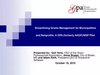 Streamlining Grants Management for Municipalities and Nonprofits: A GPA (formerly AAGP)/NGP Pilot