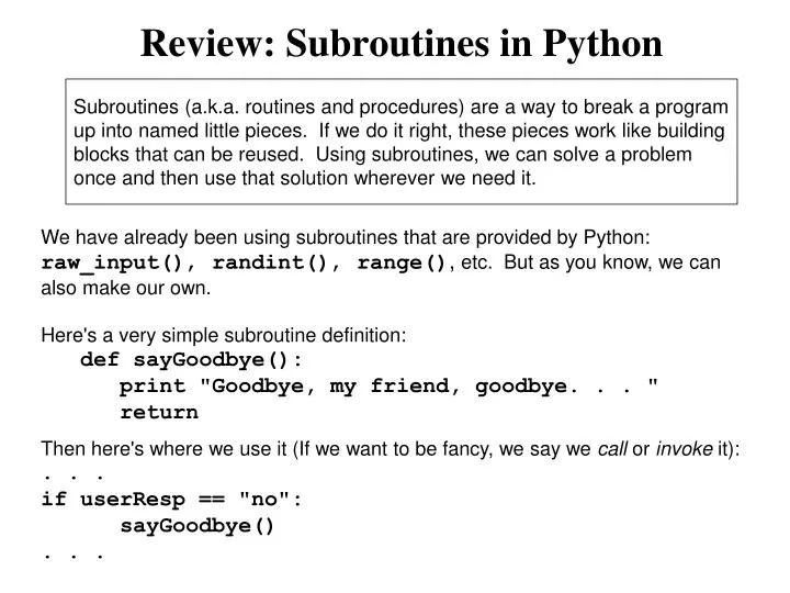 review subroutines in python