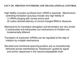 LECT 20: PROTEIN SYNTHESIS AND TRANSLATIONAL CONTROL