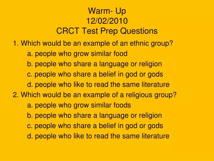 warm up 12 02 2010 crct test prep questions