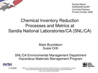 Chemical Inventory Reduction Processes and Metrics at Sandia National Laboratories/CA (SNL/CA)