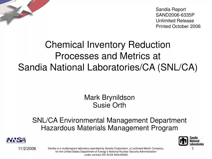 chemical inventory reduction processes and metrics at sandia national laboratories ca snl ca