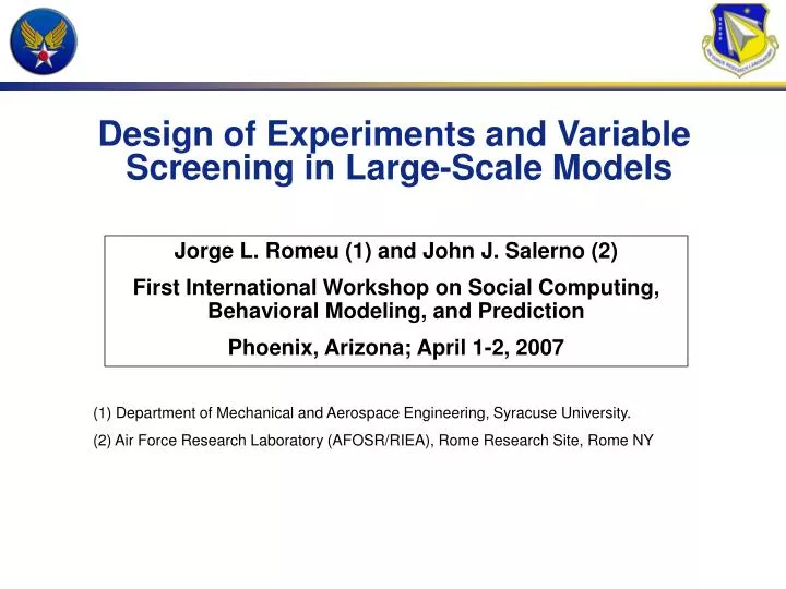 design of experiments and variable screening in large scale models