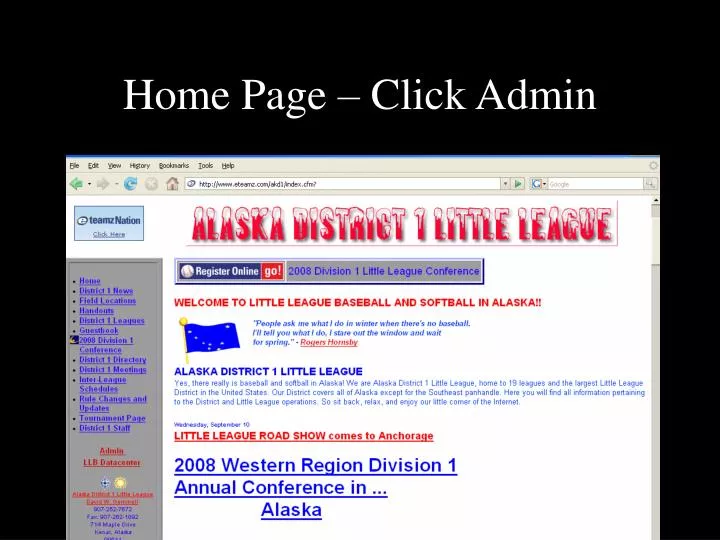 home page click admin