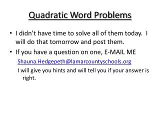 Quadratic Word Problems