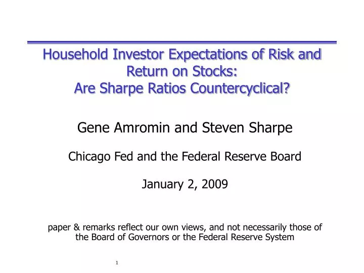 household investor expectations of risk and return on stocks are sharpe ratios countercyclical