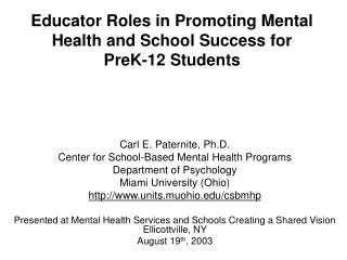 Educator Roles in Promoting Mental Health and School Success for PreK-12 Students