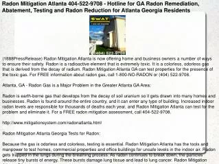 Radon Mitigation Atlanta 404-522-9708 - Hotline for GA Radon