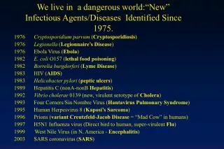 We live in a dangerous world:“New” Infectious Agents/Diseases Identified Since 1975.