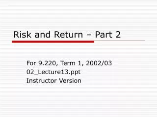 Risk and Return – Part 2