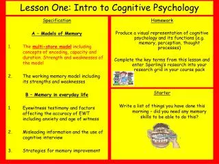 Lesson One: Intro to Cognitive Psychology