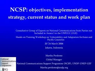 NCSP: objectives, implementation strategy, current status and work plan