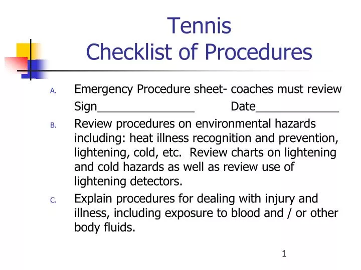tennis checklist of procedures