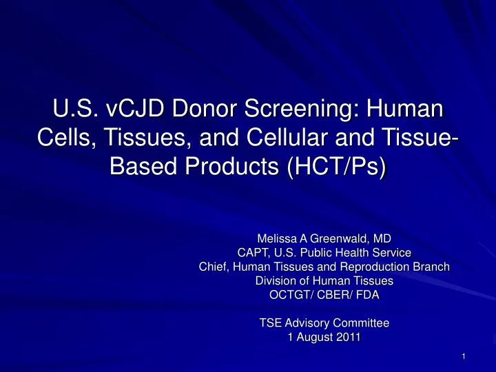 u s vcjd donor screening human cells tissues and cellular and tissue based products hct ps