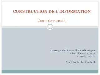 CONSTRUCTION DE L’INFORMATION classe de seconde